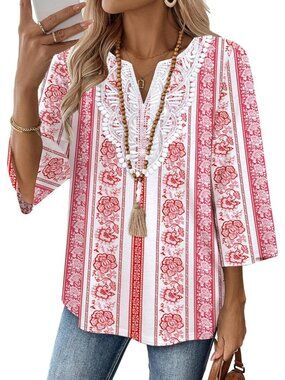 Women's Top Pink Strip 3/4 Length Sleeve V Neck Lace Casual Vacation Clothes